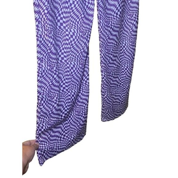 Womens Optical Illusion Checkered Wide-Leg Pants Stretch Purple White - Picture 3 of 6